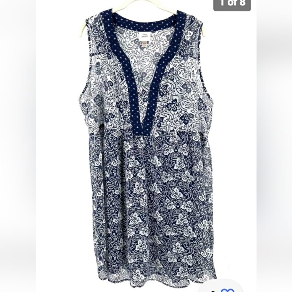 🛍Knox Rose Sz S blue floral sheer chiffon dress, full slip lining, deep neckl…